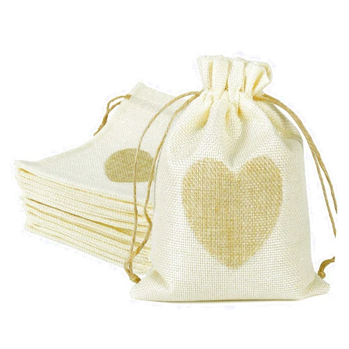 Shintop 20 Pieces Burlap Bags, 5x7 Inch Drawstring Gift Bags with Heart Hessian Jute Jewelry Candy Pouches for Wedding, Baby Shower and Christmas Party Favors DIY Craft(Beige)