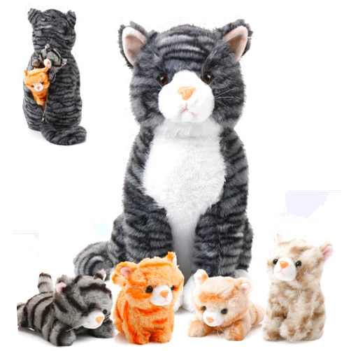 HyDren 5 Pcs Easter Cat Stuffed Animal with 4 Kittens,13.78 Inch Large Plush Mommy Cat with Babies Inside in Zipper Pouch, Ragdoll Cat Stuffed Kittens Gifts Set for Boy Girl Birthday Party(Grey)