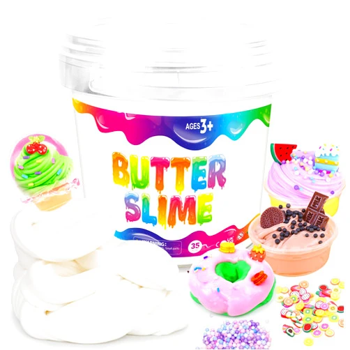 KLT Butter Slime Kit for Girls Big Bucket: 35 FL OZ Non-sticky and Stretchy Slime - White Premade Butter Slime Making Kits with Add-ins and Small Containers - Fun Birthday Gift for Kids Grils