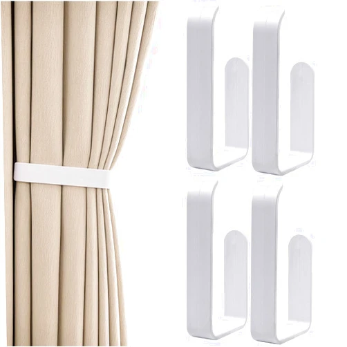 XBYZWM Black Curtain Holdbacks Plastics Self Adhesive Drapery Curtain Tiebacks Curtain Holders Curtain Hooks Window Treatment Holdbacks for Home Curtain Decor (Plastic White 4 Pack)