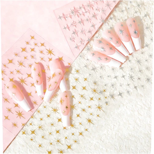Ymapinc 10 Sheets Star Nail Stickers, Gold & Silver Self-Adhesive Tiny Nail Decals, Embossed Sparkle 3D Stars DIY Art Easy to Use