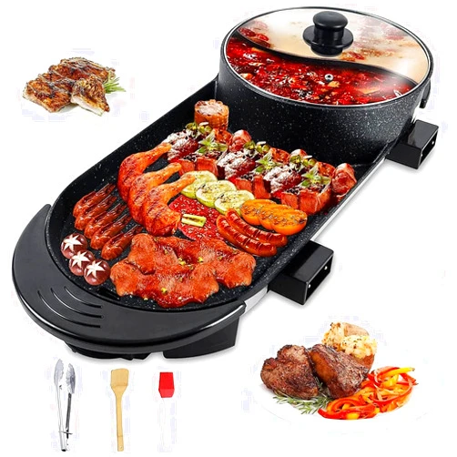 Panghuhu88 Electric Grill Hot Pot 2 in 1,Multifunctional Smokeless Grill Indoor Teppanyaki Grill/Shabu Pot with Divider-Separate Dual Temperature Contral,Non-Stick Pan BBQ Capacity for 2-12 People,110V(Black3.0)