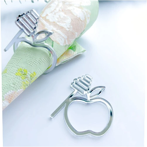 NUO RUI Honey & Apple Pack of 12 Acrylic Napkin Ring Holder, Rosh Hashanah Jewish (Mirror Gold)