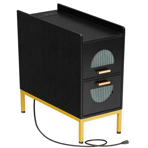 HOOBRO Narrow Side Table with Charging Station, Mid Century Modern Style Slim End Table for Small Spaces, Nightstand with 2 Drawers, Bedside Table for Home, Living Room, Black and Gold DB48UBZ01