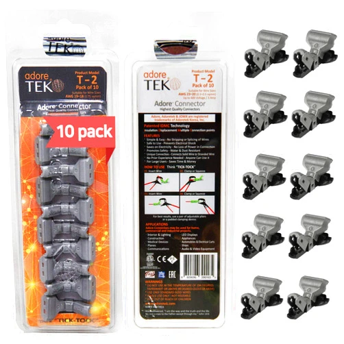 Adoretek T-Type Wire Connector [T-2] NO Need to Peel NO-Splice NO-Tape and Water Resistant Easy Fast and Safe Electrical Insulated Wire Terminals AGW 19~18 (0.75) 10A [10 PCS]