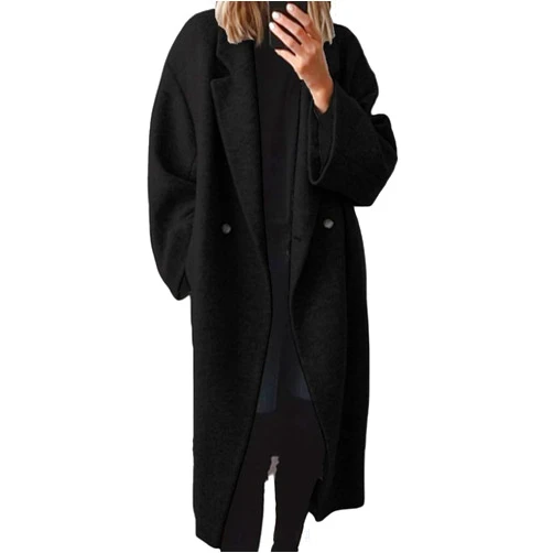 chouyatou Women's Winter Double Breasted Wool Coat Long Sleeve Notch Lapel Long Trench Coat
