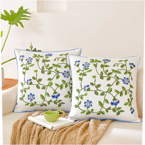 Teyeuf Embroidered Florals Throw Pillow Covers 18x18 Set of 2 Blue and Green Vine Decorative Cushion Covers for Couch or Bed - Farmhouse Style Soft Cotton Pillowcases for Home Decor