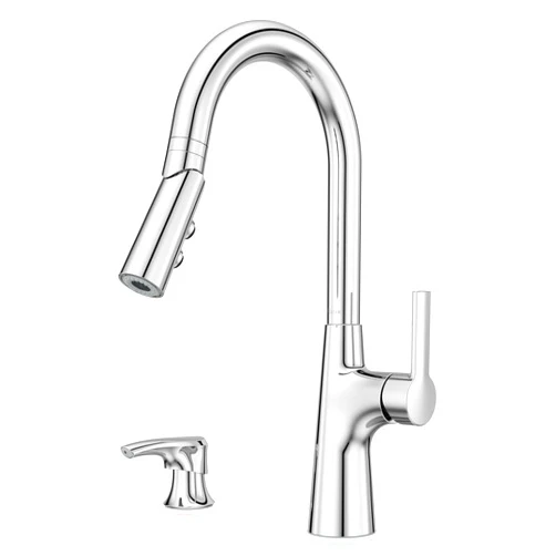 Pfister Tasso Kitchen Faucet with Pull Down Sprayer and Soap Dispenser, Single Handle, High Arc, Polished Chrome Finish, F5297TSOC