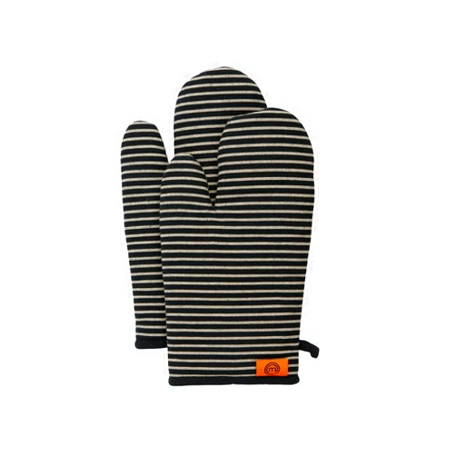 MasterChef Oven Mitts Heat Resistant, Set of 2 Baking Gloves, Machine Washable Cotton Kitchen Mittens for Stove Cooking & BBQ Grilling, Hot Proof Pot Holders, One Size Fits All, Elite Black