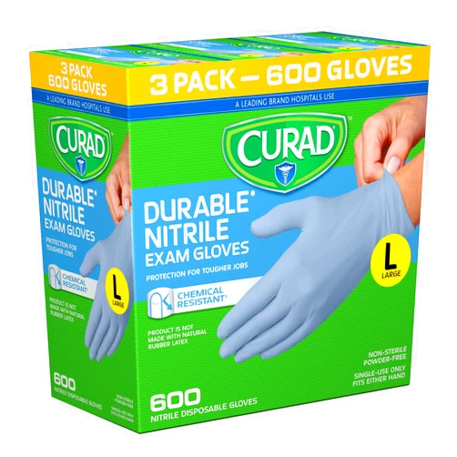 Curad Nitrile Exam Gloves, Durable, Powder Free, Chemical Resistant, Large, 600 Count, Color May Vary