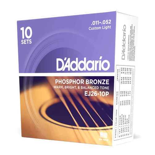 D'Addario Guitar Strings - Phosphor Bronze Acoustic Guitar Strings - EJ26-10P - Rich, Full Tonal Spectrum - For 6 String Guitars - 11-52 Custom Light, 10-Pack
