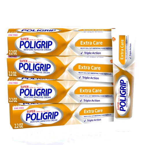 Super Poligrip Extra Care Denture Adhesive Cream, Zinc Free Denture Cream - 2.2 Ounce (Pack of 4)