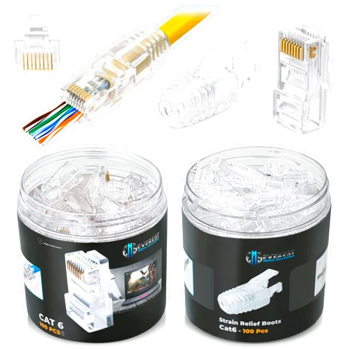 Everest Media Solutions RJ45 Cat6 Pass Through Connectors and Strain Relief Boots - Pack of 100/100 - EZ to Crimp Modular Plug for Solid or Stranded UTP Network Cable - Male Ethernet Connector End