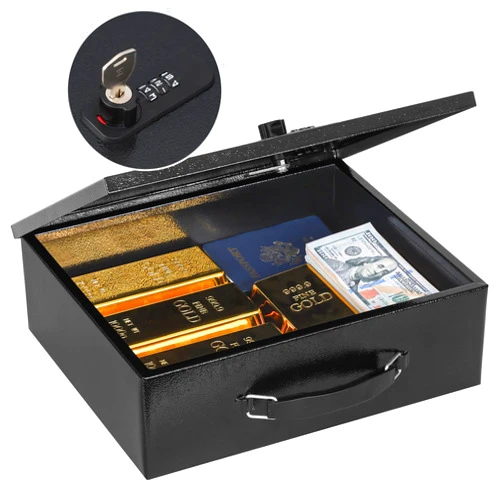 KYODOLED Fireproof Lock Box for Documents, Dual Combination and Key Lock Security with Carrying Handle, Metal Strong Safe Box to Keep Personal Items, Documents, Exterior 13.2''x 11''x4.13'', Black