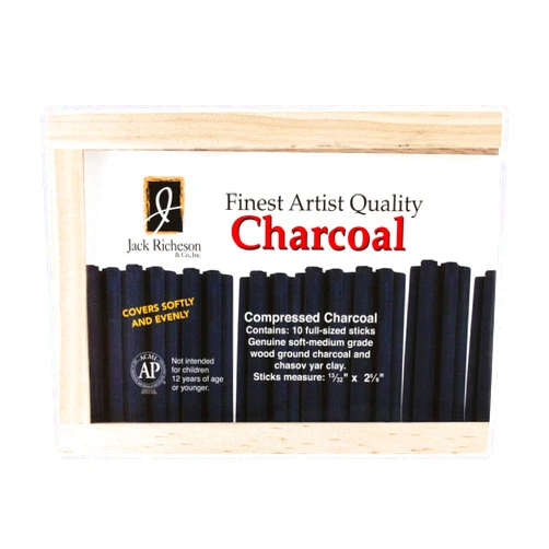 Jack Richeson Yarka Extra Smooth Medium Soft Non-Toxic Pressed Charcoal Stick, 4-3/8 x 7/16 in, Black, Pack of 10