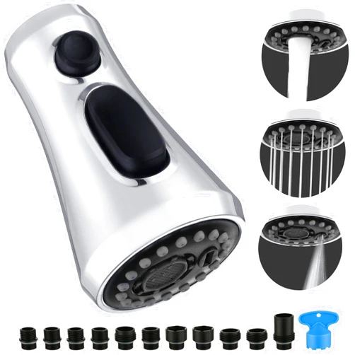Houtingmaan Pull Down Spray Head for Kitchen Faucet, Houtingmaan Kitchen Spray Head with 11 Adapters, Sink Faucet Head Nozzle 3 Water Flow Modes, Kitchen Faucet Head Replacement Chrome