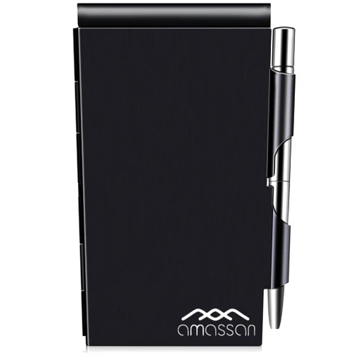 Amassan Metal Small Notebook, Mini Notepad, Small Pocket Notepad Aluminum Note Case with Mini Metal Pen and 60-Page Sheets - Memo Books Note Pads, Solid Black
