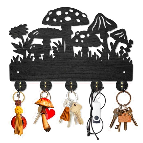 MAYJOYDIY Mushroom Wall Mounted Coat Rack Wildflower Meadow Wood Key Hooks for Wall 11.8×7.9inch Black Key Holder Hanger Wall Art Decor with 5 Alloy Hooks for Gift Hallway Entryway Kitchen