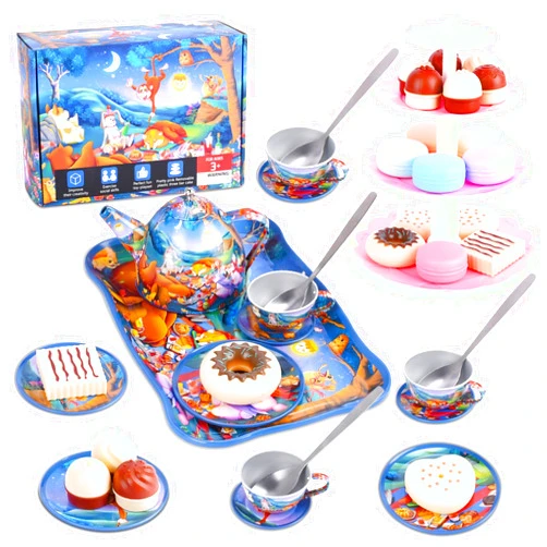 SIVEIS Tea Party Set for Little Girls Boys, 36pcs Kids Tea Toy Set for 3-8 Years Old Afternoon Tea Time, Include Blue Forest Animal Party Pattern Tin Teapot & Cup with Spoon, Dessert Tower,Play Food