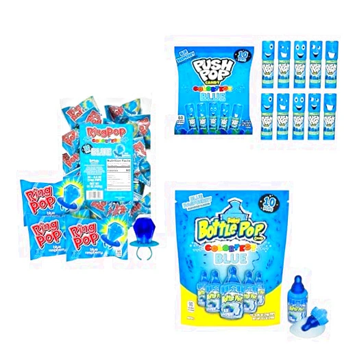 Ring Pop The Ultimate All Blue Lollipop Bulk Party Pack - Ring Pop, Push Pop & Baby Bottle Pop in Blue Raspberry for Baby Showers and Gender Reveals- 50 Individually Wrapped Pops