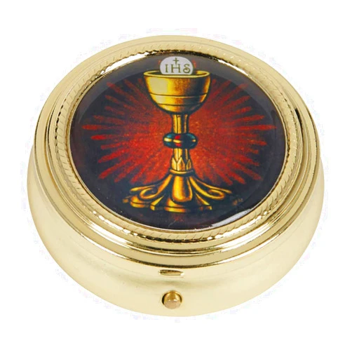 Catholic Pyx Case Gold Tone IHS Chalice and Host Communion PYX with Epoxy Lid, 2 1/4 Inch