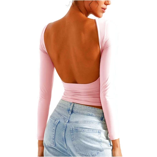 SUUKSESS Women Backless Going Out Tops Double Lined Open Back Basic Long Sleeve