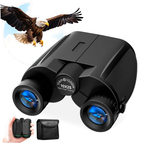 Leacco 10x25 Compact Binoculars for Adults and Kids, Large View Waterproof Small Binoculars with Low Light Vision BAK4 Prism FMC Lens for Cruise Ship Bird Watching Travel Hunting, Black