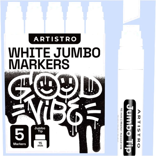 ARTISTRO 5 White Graffiti Jumbo Markers Acryic Markers with 15mm Jumbo Felt Tip for Murals Tagging Posters Art Journals & Calligraphy - Large Markers for Rock Wood Plastic Leather Metal & More