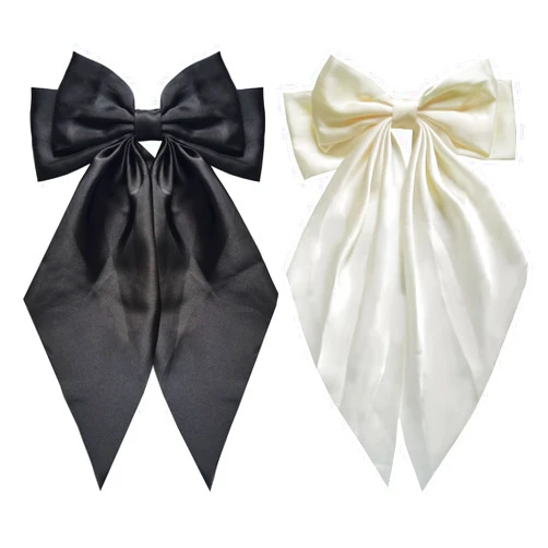 YUANQIZHU 2Pcs Silky Satin Hair Bows for Women Hair Ribbons for girl bow hair clip Oversized Long Tail Hair Bow with Metal Clips Bowknot Aesthetic Hair Accessories(Black+Beige)