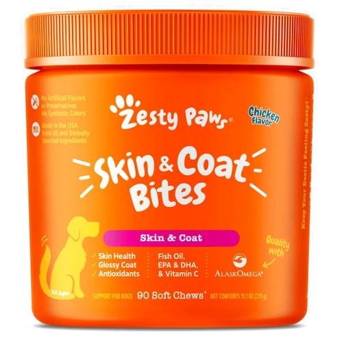 Zesty Paws Omega 3 Alaskan Fish Oil Chew Treats for Dogs - with AlaskOmega for EPA & DHA Fatty Acids - Hip & Joint Support + Skin & Coat Chicken Flavor (90 Soft Chews)
