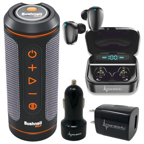 Wearable4U Bushnell Wingman 2 GPS Golf Speaker with Black Earbuds +Wall/Car Adapters Bundle