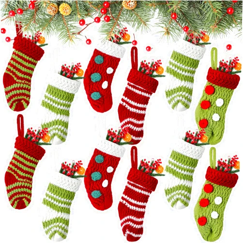 Jiuguva 12 Pack 2x5 Inch Christmas Mini Stockings Knit Christmas Stockings Rustic Stocking Decorations Small Xmas Gift Stockings Decor for Hanging Christmas Tree Ornament Fireplace Home Decorations