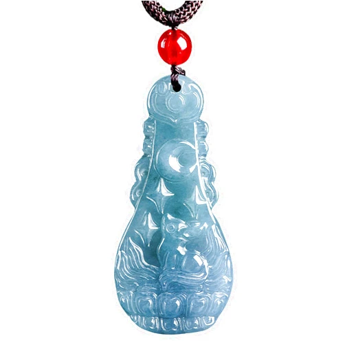 Generic Jade Necklace 9-Tail Fox God Sitting in Lotus Hand-Carved Antique Pipa Instrument Blue Water Jadeit Crystal Necklace Feng Shui Love Amulet Chakra Balancing Gem for Romance Money Luck
