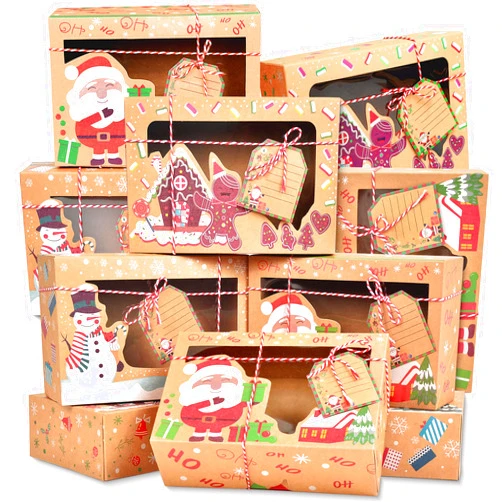 Parma77 15 Pcs Christmas Cookie Boxes, Christmas Treat Boxes for Donuts Cupcake Candy Gift Giving, Holiday Gift Baking Box Christmas Kraft Paper Boxes with Christmas Tags & Ribbons