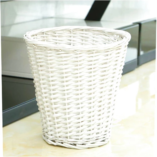 QTQZDD Handwoven Wicker Trash Can, Round Whitout Lid Waste Paper Bin Rubbish Bin for Bedroom Kitchen Bathroom Office-White 18x28x28cm(7x11x11inch)
