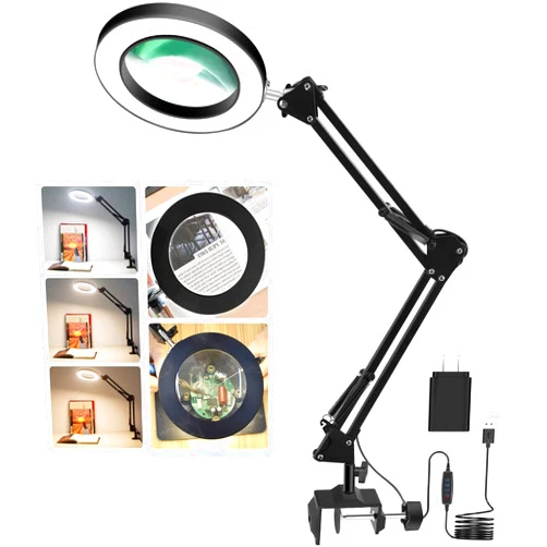 NOEVSBIG LED Magnifying Glass Desk Lamp with Clamp,3 Color Modes 10 Levels Dimmable Adjustable Swivel Arm for Reading Rework Craft Workbench