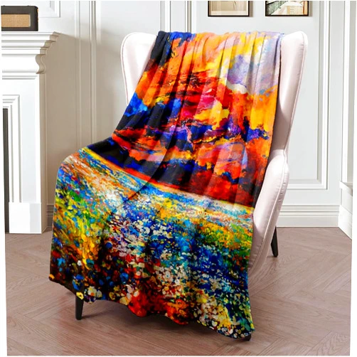 Meldeelm Cozy Flannel Throw Blanket for Couch, Soft Plush Winter Blanket, Blue Landscape Original Oil Painting Poppy Field Nature Green Ocean Tree Abstract Beautiful Beauty Blanket for Sofa Bedroom 40x50
