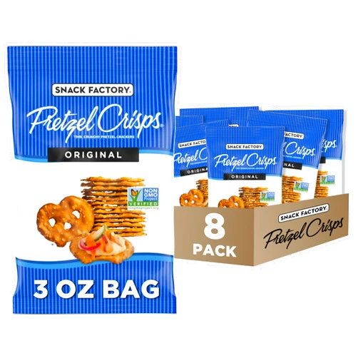 Snack Factory Pretzel Crisps, Original, On-the-Go Bag, 3 Oz (Pack of 8)