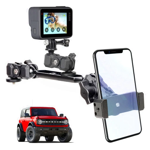 OMU Bronco Phone Mount with Camera Mount,2 Stage Ball -Socket Design,360° Adjustment Metal Dashboard Cell Phone Mount Compatieble with Ford Bronco 2021+ for All GoPro Modles and Smartphone