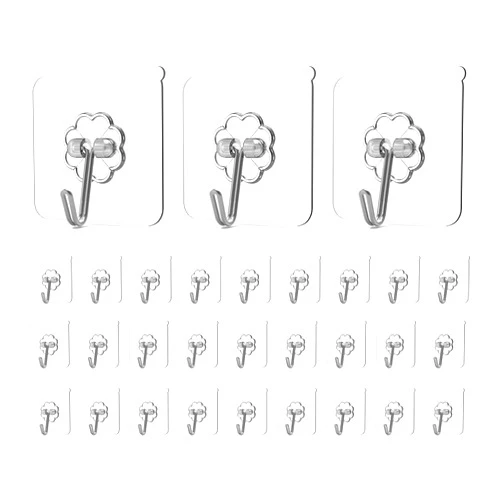Adove Adhesive Hooks for Hanging, Heavy Duty Wall Hooks 20 Pack, Removable Sticky Ceiling Hooks, Transparent Self Adhesive Shower Hooks, Water & Oil Proof Strong 22lb(Max) Door Coat Hooks