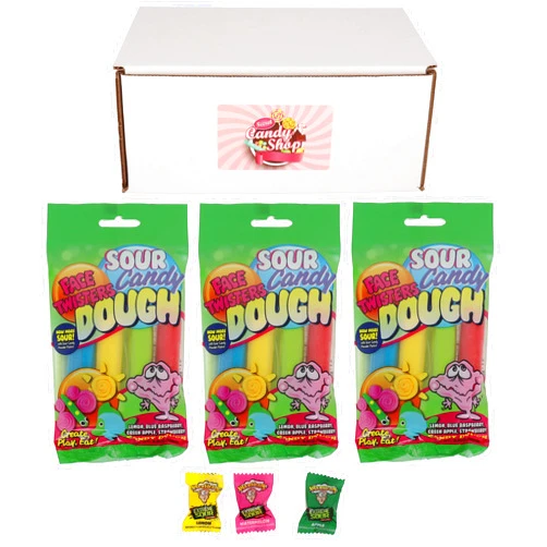 SECRET CANDY SHOP Face Twisters Sour Candy Dough 4 Flavors (Lemon, Blue Raspberry, Green Apple, Strawberry) (Pack of 3) + Free Warheads Candies