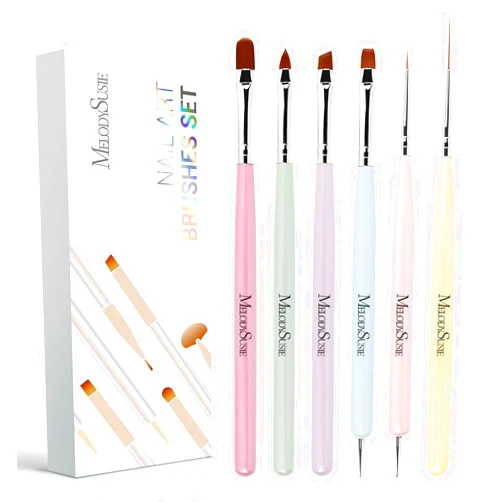 MelodySusie Nail Art Brushes Set,6pcs Nail Art Design Pen Painting Tools with Extension Gel Brush, Polish Brush, Builder Brush,Liner Brush, Carved Brush, and Dotting Pen for Home DIY Salon Use