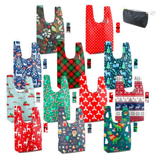 BeeGreen 12 Pack Christmas Bags Reusable Grocery Bags Christmas Gift- 50 Lbs Foldable Polyester Totes With Elastic Band And Storage Pouch For Shopping, Kitchen, Parties Shopping Bag Tote Bags Bulk