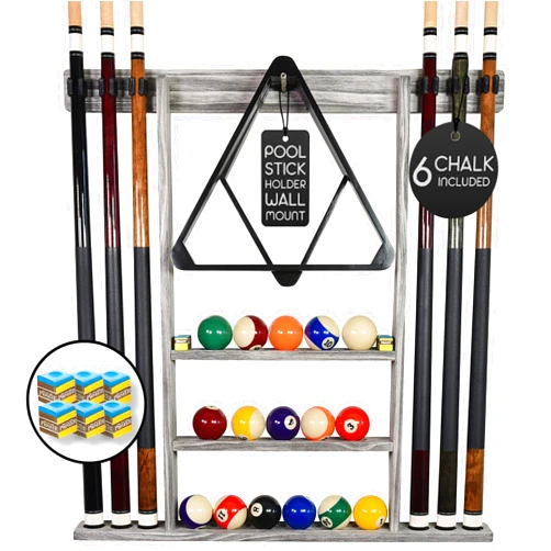 BILLIARDS XPRESS Pool Cue Rack - Pool Stick Holder Wall Mount With 16 Ball Holders & 6 Pack Of Chalk - Rubber Circle Pads & Large Clips Prevent Damage - Billiard Table Accessories For Man Cave (Gray)