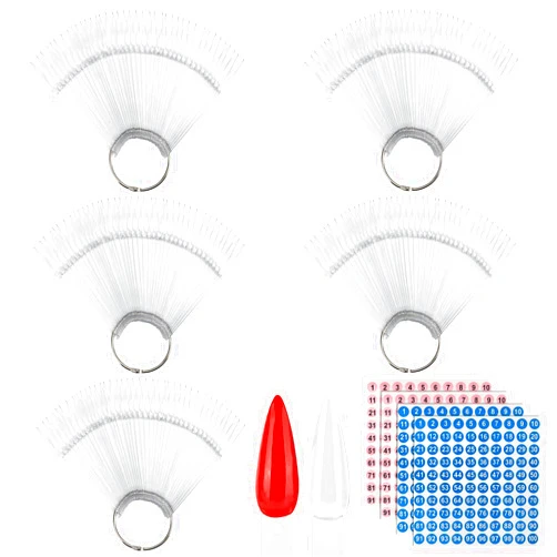 BTYMS 200 Pcs Clear Nail Swatch Sticks with Ring and Number Stickers, Plastic Nail Swatches Stiletto Practice Nail Tips Nail Sample Sticks for Nail Polish Color Display