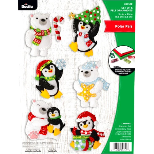 Bucilla Felt Applique 6 Piece Ornament Making Kit, Polar Pals, Perfect for DIY Arts and Crafts, 89752E