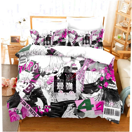 DAIRUINI Anime Jujutsu Kaisen Bedding Set Japan Anima Gojo Satoru Itadori Yuji Bed Line for Kids Teen Duvet Cover Home Textile Bed Cover Set Pillowcase,DA-249,Full:79