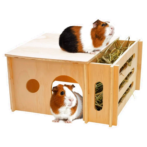 Fhiny Guinea Pig Wood House with Hay Feeder, Detachable Chinchilla Hut Hideout Small Animal Hideout Hideaway Natural Hamster Habitat Decor for Guinea Pig Chinchilla Dwarf Rabbit Hamster