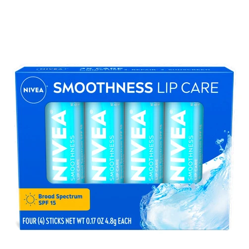 NIVEA Smoothness Lip Care, Sunscreen Lip Balm with SPF 15 Broad Spectrum, Shea Butter, Nourishing Oils and Vitamin C & E, 3-in-1 Moisture, Repair and Sunscreen, 0.17 Oz Stick, Pack of 4