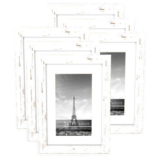 DUCIHBA 5x7 Farmhouse Gallery Picture Frame Collage Set, Rustic White Light Beige Textured Wood Grain Profile, Real Glass Matted for 3.5x5.5 Photo, 6 Pack